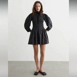 GANNI Mini Smocked Cotton Dress in Phantom 
       Size 34 (2) EUC